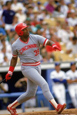 1986:  Dave Parker of the Cincinnati Reds swings at the pitch during a MLB game against the Los Angeles Dodgers in the 1986 season. ( Photo by: Mike Powell/Getty Images)