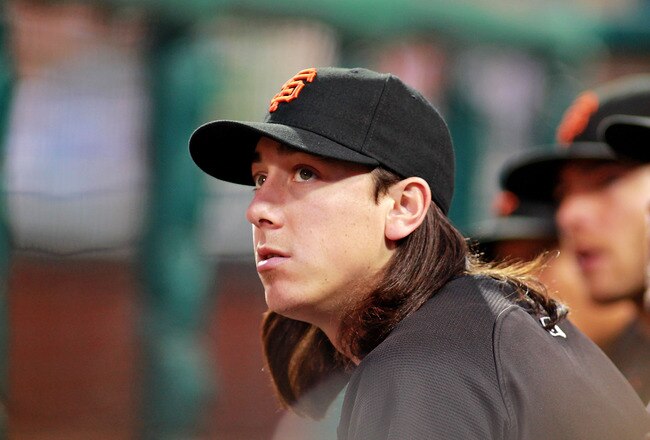 PHILADELPHIA , PA - JULY 27:  Tim Lincecum #55 of the San Francisco Giants looks on against the Philadelphia Phillies at Citizens Bank Park on July 27, 2011 in Philadelphia, Pennsylvania. The Giants defeated the Phillies 2-1.  (Photo by Len Redkoles/Getty