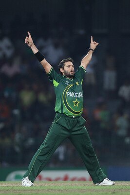 COLOMBO, SRI LANKA - MARCH 03:  Shahid Afridi of Pakistan celebrates bowling immy Hansra during the Canada v Pakistan 2011 ICC World Cup Group A match at the R. Premadasa Stadium on March 3, 2011 in Colombo, Sri Lanka.  (Photo by Michael Steele/Getty Imag