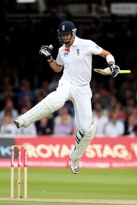 LONDON, ENGLAND - JULY 22:  Kevin Pietersen of England celebrates hitting 100 during day two of the 1st npower Test Match between England and India at Lord's Cricket Ground on July 22, 2011 in London, England.  (Photo by Tom Shaw/Getty Images)