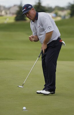MONTREAL, QC - JULY 01: Hal Sutton celebrates his birdie on the eighth green during the first round of the Montreal Championship presented by Desjardins held at Club de Golf Fontainebleau on July 1, 2011 in Montreal, Canada.  (Photo by Michael Cohen/Getty