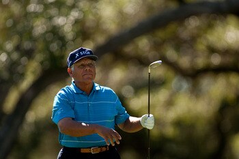 SAN ANTONIO, TX - OCTOBER 29: Lee Trevino watches a tee shot during the first round of the AT&T Championship at Oak Hills Country Club on October 29, 2010 in San Antonio, Texas. (Photo by Darren Carroll/Getty Images)