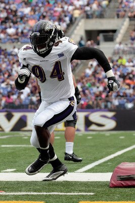 BALTIMORE, MD - AUGUST 06:  Linebacker Sergio Kindle #94 of the Baltimore Ravens works out during training camp at M&T Bank Stadium on August 6, 2011 in Baltimore, Maryland.  (Photo by Rob Carr/Getty Images)