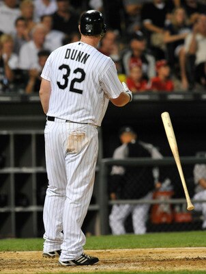 CHICAGO, IL - AUGUST 01:  Adam Dunn #32 of the Chicago White Sox strikes out in the eighth inning against the New York Yankees on August 1, 2011 at U.S. Cellular Field in Chicago, Illinois. The Yankees defeated the White Sox 3-2.  (Photo by David Banks/Ge