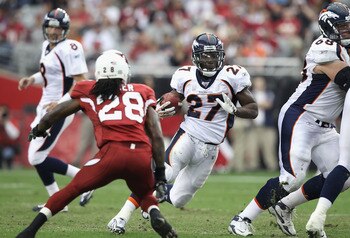 GLENDALE, AZ - DECEMBER 12:  Runningback Knowshon Moreno #27 of the Denver Broncos runs with the football during the NFL game against the Arizona Cardinals at the University of Phoenix Stadium on December 12, 2010 in Glendale, Arizona.  The Cardinals defe