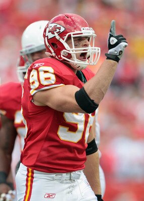 KANSAS CITY, MO - NOVEMBER 21:  Andy Studebaker #96 of the Kansas City Chiefs reacts after making a play during the game against the Arizona Cardinals on November 21, 2010  at Arrowhead Stadium in Kansas City, Missouri.  (Photo by Jamie Squire/Getty Image