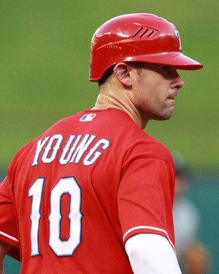 ARLINGTON, TX - AUGUST 09:  Michael Young #10 of the Texas Rangers at Rangers Ballpark in Arlington on August 9, 2011 in Arlington, Texas.  (Photo by Ronald Martinez/Getty Images)