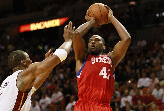 MIAMI, FL - MARCH 25: Guard Elton Brand #42 of the Philadelphia Sixers shoots against the Miami Heat at American Airlines Arena on March 25, 2011 in Miami, Florida. The Heat defeated the Sixers 111-99. NOTE TO USER: User expressly acknowledges and agrees