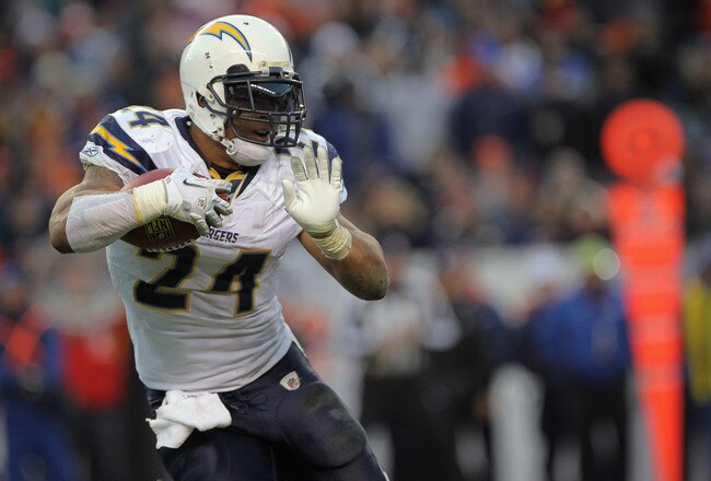 DENVER - JANUARY 02:  Running back Ryan Mathews #24 of the San Diego Chargers rushes against the Denver Broncos at INVESCO Field at Mile High on January 2, 2011 in Denver, Colorado. Mathews rushed for three touchdowns and 120 yards as the Chargers defeate