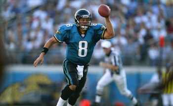 JACKSONVILLE, FL - NOVEMBER 10:  Quarterback Mark Brunell #8 of the Jacksonville Jaguars scrambles during a game against the Washington Redskins on November 10, 2002  at Alltel Stadium in Jacksonville, Florida.  The Jaguars beat the Redskins 26-7. (Photo