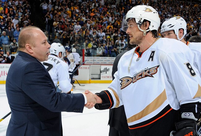 NASHVILLE, TN - APRIL 24:  Teemu Selane #8 of the Anaheim Ducks shakes hands with Barry Trotz, head coach of the Nashville Predators after Game Six of the Western Conference Quarterfinals during the 2011 NHL Stanley Cup Playoffs at Bridgestone Arena on Ap