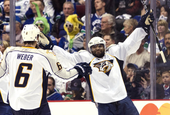 VANCOUVER, CANADA - MAY 7: Joel Ward #29 celebrates with Shea Weber #6 of the Nashville Predators after scoring a goal against the Vancouver Canucks during the third period in Game Five of the Western Conference Semifinals during the 2011 NHL Stanley Cup 
