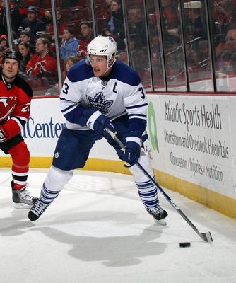 NEWARK, NJ - APRIL 06: Dion Phaneuf #3 of the Toronto Maple Leafs skates against the New Jersey Devils at the Prudential Center on April 6, 2011 in Newark, New Jersey.  (Photo by Bruce Bennett/Getty Images)