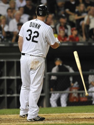 CHICAGO, IL - AUGUST 01:  Adam Dunn #32 of the Chicago White Sox strikes out in the eighth inning against the New York Yankees on August 1, 2011 at U.S. Cellular Field in Chicago, Illinois. The Yankees defeated the White Sox 3-2.  (Photo by David Banks/Ge