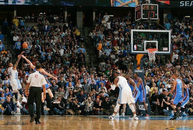 DENVER, CO - APRIL 23:  J.R. Smith #5 of the Denver Nuggets shoots from three point range against the Oklahoma City Thunder in Game Three of the Western Conference Quarterfinals in the 2011 NBA Playoffs at Pepsi Center on April 23, 2011 in Denver, Colorad