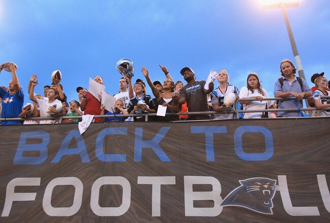 SPARTANBURG, SC - JULY 30:  Fans cheer on the Carolina Panthers during training camp at Wofford College on July 30, 2011 in Spartanburg, South Carolina.  (Photo by Streeter Lecka/Getty Images)
