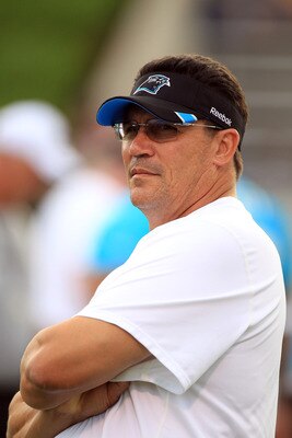 SPARTANBURG, SC - JULY 30:  Head coach Ron Rivera of the Carolina Panthers watches on during training camp at Wofford College on July 30, 2011 in Spartanburg, South Carolina.  (Photo by Streeter Lecka/Getty Images)
