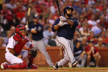 ST. LOUIS, MO - AUGUST 10: Prince Fielder #28 of the Milwaukee Brewers hits an RBI double against the St. Louis Cardinals at Busch Stadium on August 10, 2011 in St. Louis, Missouri.  (Photo by Dilip Vishwanat/Getty Images)