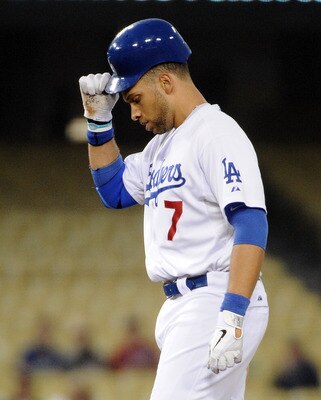 LOS ANGELES, CA - AUGUST 08:  James Loney #7 of the Los Angeles Dodgers reacts after he is forced out at second to end the third inning against the Philadelphia Phillies at Dodger Stadium on August 8, 2011 in Los Angeles, California.  (Photo by Harry How/
