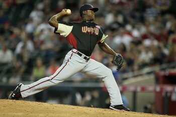 PHOENIX, AZ - JULY 10:  World Future's All-Star Arodys Vizcaino #36 of the Atlanta Braves throws a pitch during the 2011 XM All-Star Futures Game at Chase Field on July 10, 2011 in Phoenix, Arizona.  (Photo by Jeff Gross/Getty Images)