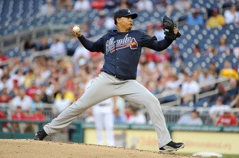 WASHINGTON, DC - AUGUST 01:  Jair Jurrjens #49 of the Atlanta Braves pitches against the Washington Nationals at Nationals Park on August 1, 2011 in Washington, DC.  (Photo by Greg Fiume/Getty Images)