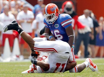 GAINESVILLE, FL - SEPTEMBER 04:  A.J. Jones #16 of the Florida Gators breaks up a pass to Armand Robinson #11 of the Miami University RedHawks at Ben Hill Griffin Stadium on September 4, 2010 in Gainesville, Florida.  (Photo by Sam Greenwood/Getty Images)