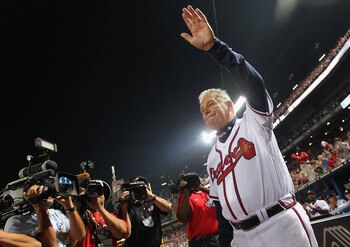 ATLANTA - OCTOBER 11:  Manager Bobby Cox #6 of the Atlanta Braves waves to the crowd after the Braves were defeated by the San Francisco Giants 3-2 during Game Four of the NLDS of the 2010 MLB Playoffs on October 11, 2010  at Turner Field in Atlanta, Geor