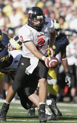 ANN ARBOR - SEPTEMBER 3:  Quarterback Phil Horvath #3 of the Northern Illinois Huskies looks to hand off the ball during the game against the Michigan Wolverines at Michigan Stadium on September 3, 2005 in Ann Arbor, Michigan.  Michigan defeated Northern
