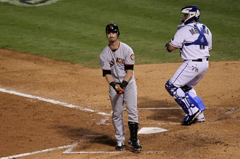 ARLINGTON, TX - NOVEMBER 01:  Aaron Rowand #33 of the San Francisco Giants reacts to striking out in the sixth inning of Game Five of the 2010 MLB World Series at Rangers Ballpark in Arlington on November 1, 2010 in Arlington, Texas.  (Photo by Stephen Du