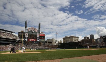 DETROIT - AUGUST 04: A detailed look at Comerica Park during the game between the Texas Rangers and the Detroit Tigers on August 4, 2011 in Detroit, Michigan. The Rangers defeated the Tigers 5-2. (Photo by Leon Halip/Getty Images)