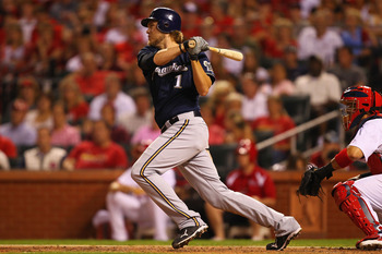 ST. LOUIS, MO - AUGUST 10: Corey Hart #1 of the Milwaukee Brewers hits a two-RBI single against the St. Louis Cardinals at Busch Stadium on August 10, 2011 in St. Louis, Missouri.  The Brewers beat the Cardinals 5-1.  (Photo by Dilip Vishwanat/Getty Image