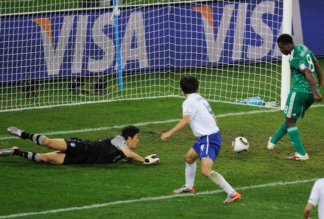 DURBAN, SOUTH AFRICA - JUNE 22:  Yakubu Ayegbeni of Nigeria misses an open goal during the 2010 FIFA World Cup South Africa Group B match between Nigeria and South Korea at Durban Stadium on June 22, 2010 in Durban, South Africa.  (Photo by Jamie McDonald