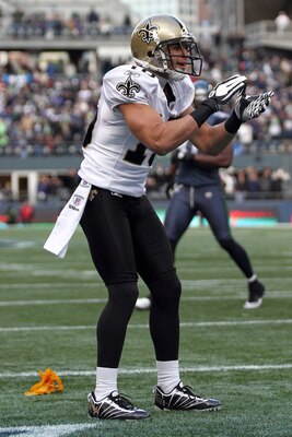 SEATTLE, WA - JANUARY 08:  Lance Moore #16 of the New Orleans Saints reacts after a pass interference penalty is called against the Seattle Seahawks in the endzone in the first quarter during the 2011 NFC wild-card playoff game at Qwest Field on January 8
