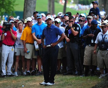 JOHNS CREEK, GA - AUGUST 12:  Tiger Woods waits to play a shot from the rough on the second hole during the second round of the 93rd PGA Championship at the Atlanta Athletic Club on August 12, 2011 in Johns Creek, Georgia.  (Photo by Stuart Franklin/Getty
