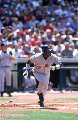 20 Apr 2000:  Tony Gwynn #19 of San Diego Padres in action racing to base during the game against the Houston Astros at Enron Field in Houston, Texas. The Padres defeated the Astros 8-6. Mandatory Credit: Chris Covatta  /Allsport