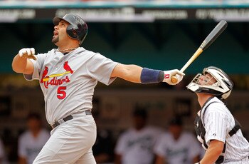MIAMI GARDENS, FL - AUGUST 07: Albert Pujols #5 of the St. Louis Cardinals hits during a game against the Florida Marlins at Sun Life Stadium on August 7, 2011 in Miami Gardens, Florida. (Photo by Mike Ehrmann/Getty Images)