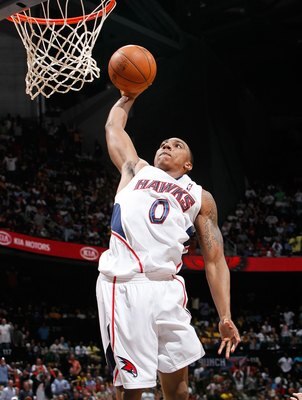 ATLANTA - MARCH 31:  Jeff Teague #0 of the Atlanta Hawks against the Los Angeles Lakers at Philips Arena on March 31, 2010 in Atlanta, Georgia.  NOTE TO USER: User expressly acknowledges and agrees that, by downloading and/or using this Photograph, User i