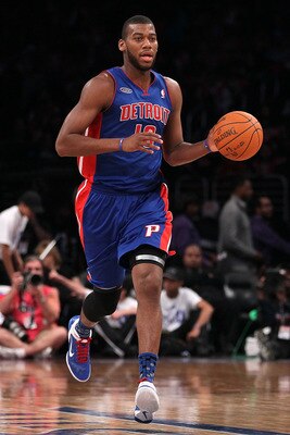 LOS ANGELES, CA - FEBRUARY 18:  Greg Monroe #10 of the Detroit Pistons and the Rookie Team moves the ball up court in the first half during the T-Mobile Rookie Challenge and Youth Jam at Staples Center on February 18, 2011 in Los Angeles, California.  (Ph