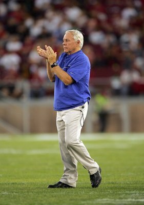 PALO ALTO, CA - SEPTEMBER 19:  San Jose State Spartans head coach Dick Tomey cheers on his team during their game against the Stanford Cardinal at Stanford Stadium on September 19, 2009 in Palo Alto, California.  (Photo by Ezra Shaw/Getty Images)