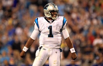 CHARLOTTE, NC - AUGUST 13:  Cam Newton #1 of the Carolina Panthers reacts to a play during their preseason game against the New York Giants at Bank of America Stadium on August 13, 2011 in Charlotte, North Carolina.  (Photo by Streeter Lecka/Getty Images)