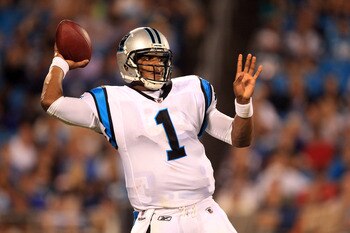 CHARLOTTE, NC - AUGUST 13:  Cam Newton #1 of the Carolina Panthers drops back to throw a pass during their preseason game against the New York Giants at Bank of America Stadium on August 13, 2011 in Charlotte, North Carolina.  (Photo by Streeter Lecka/Get