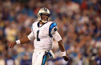 CHARLOTTE, NC - AUGUST 13:  Cam Newton #1 of the Carolina Panthers reacts to a play during their preseason game against the New York Giants at Bank of America Stadium on August 13, 2011 in Charlotte, North Carolina.  (Photo by Streeter Lecka/Getty Images)