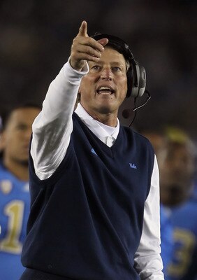 PASADENA, CA - DECEMBER 04:  UCLA Bruins head coach Rick Neuheisel yells from the sideline against the USC Trojans at the Rose Bowl on December 4, 2010 in Pasadena, California.  USC defeated UCLA 28-14.  (Photo by Jeff Gross/Getty Images)