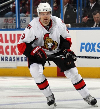 ATLANTA, GA - MARCH 27:  Milan Michalek #9 of the Ottawa Senators skates against the ATlanta Thrashers at the Philips Arena on March 27, 2011 in Atlanta, Georgia. The Thrashers defeated the 5-4 in the shoot out.  (Photo by Bruce Bennett/Getty Images)