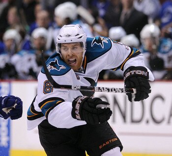 VANCOUVER, CANADA - MAY 24:  Joe Pavelski #8 of the San Jose Sharks skates on the attack in Game Five of the Western Conference Finals against Vancouver Canucks during the 2011 Stanley Cup Playoffs at Rogers Arena on May 24, 2011 in Vancouver, British Col