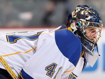 GLENDALE, AZ - MARCH 22:  Goaltender Jaroslav Halak #41 of the St. Louis Blues during the NHL game against the Phoenix Coyotes at Jobing.com Arena on March 22, 2011 in Glendale, Arizona. The Coyotes defeated the Blues 2-1.  (Photo by Christian Petersen/Ge