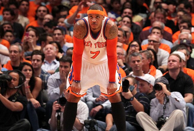 NEW YORK, NY - APRIL 24:  Carmelo Anthony #7 of the New York Knicks looks on against the Boston Celtics in Game Four of the Eastern Conference Quarterfinals during the 2011 NBA Playoffs on April 24, 2011 at Madison Square Garden in New York City. The Celt