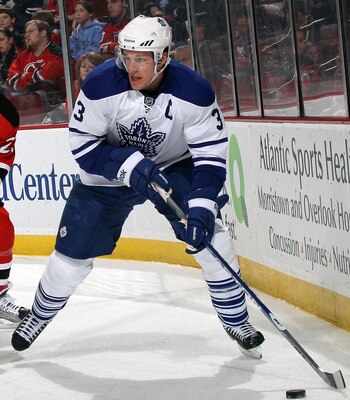 NEWARK, NJ - APRIL 06: Dion Phaneuf #3 of the Toronto Maple Leafs skates against the New Jersey Devils at the Prudential Center on April 6, 2011 in Newark, New Jersey.  (Photo by Bruce Bennett/Getty Images)