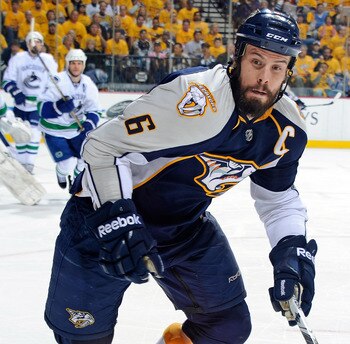 NASHVILLE, TN - MAY 03:   Shea Weber #6 of the Nashville Predators skates against the Vancouver Canucks in Game Three of the Western Conference Semifinals during the 2011 NHL Stanley Cup Playoffs at Bridgestone Arena on May 3, 2011 in Nashville, Tennessee