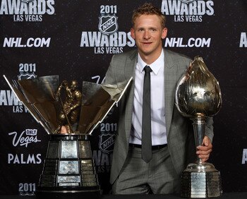 LAS VEGAS, NV - JUNE 22:  Corey Perry of the Anaheim Ducks poses after winning the Maurice ‘Rocket’ Richard Trophy and the Hart Memorial Trophy during the 2011 NHL Awards at The Pearl concert theater at the Palms Casino Resort June 22, 2011 in Las Vegas,